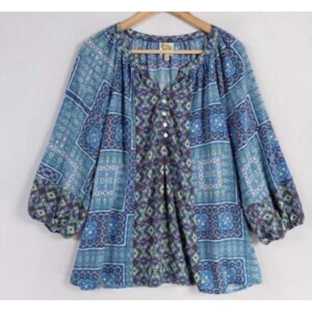 Fig and Flower Boho Paisley Patchwork V Neck Tunic Blouse Women Medium Blue